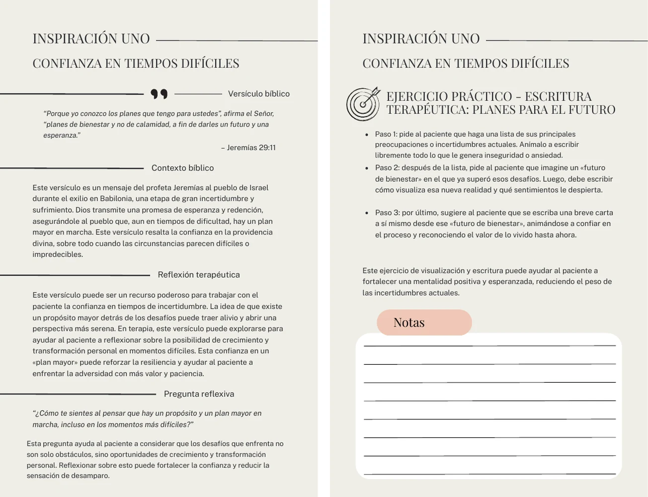 Páginas reales del libro: inspiración Confianza en tiempos difíciles (Jeremías 29:11) y su ejercicio práctico de escritura terapéutica